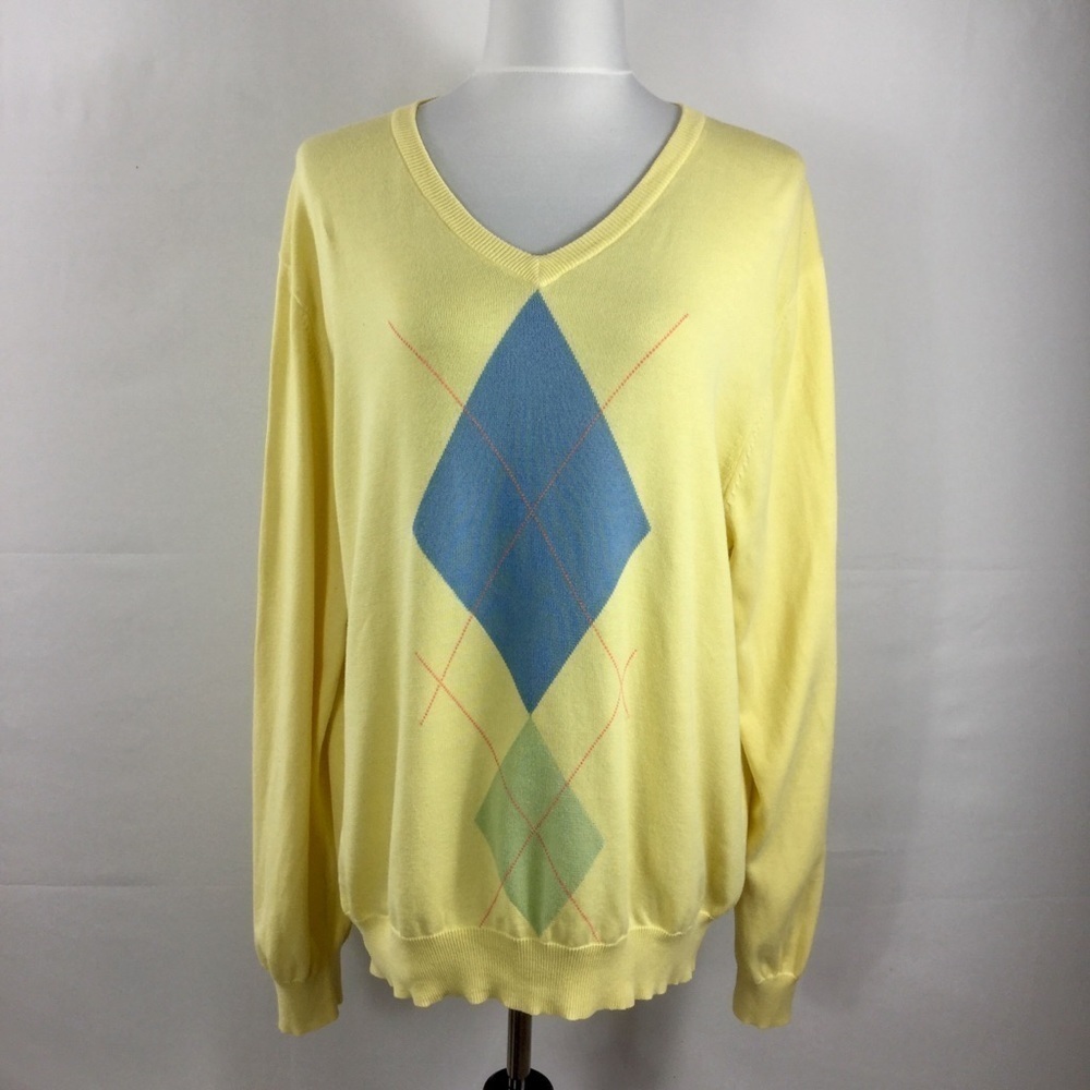 Vintage Men's V-Neck Yellow Argyle Consensus Sportswear Cotton Sweater Size XL